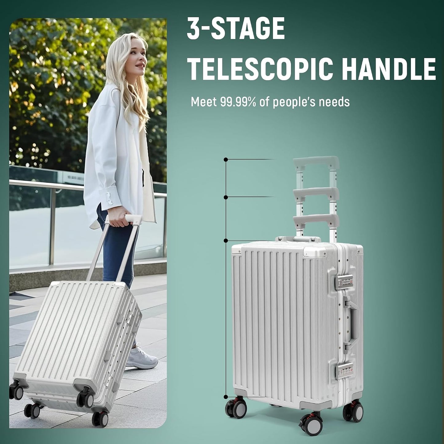 20 Inch Carry on Luggage Aluminum Frame Airline Approved, Zipperless Luggage Carry on TSA Approved ABS+PC Hard Shell Suitcases, Lightweight Carry-On Suitcase with Cup Holder, Sliver