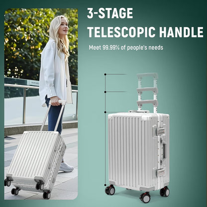 20 Inch Carry on Luggage Aluminum Frame Airline Approved, Zipperless Luggage Carry on TSA Approved ABS+PC Hard Shell Suitcases, Lightweight Carry-On Suitcase with Cup Holder, Sliver