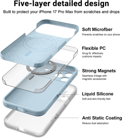 Magnetic for Iphone 17 Pro Max Case,Compatible with Magsafe,Classic Liquid Silicone Mobile Phone Case,Integrated Camera Control Button,Anti-Scratch Microfiber Lining, Baby Blue