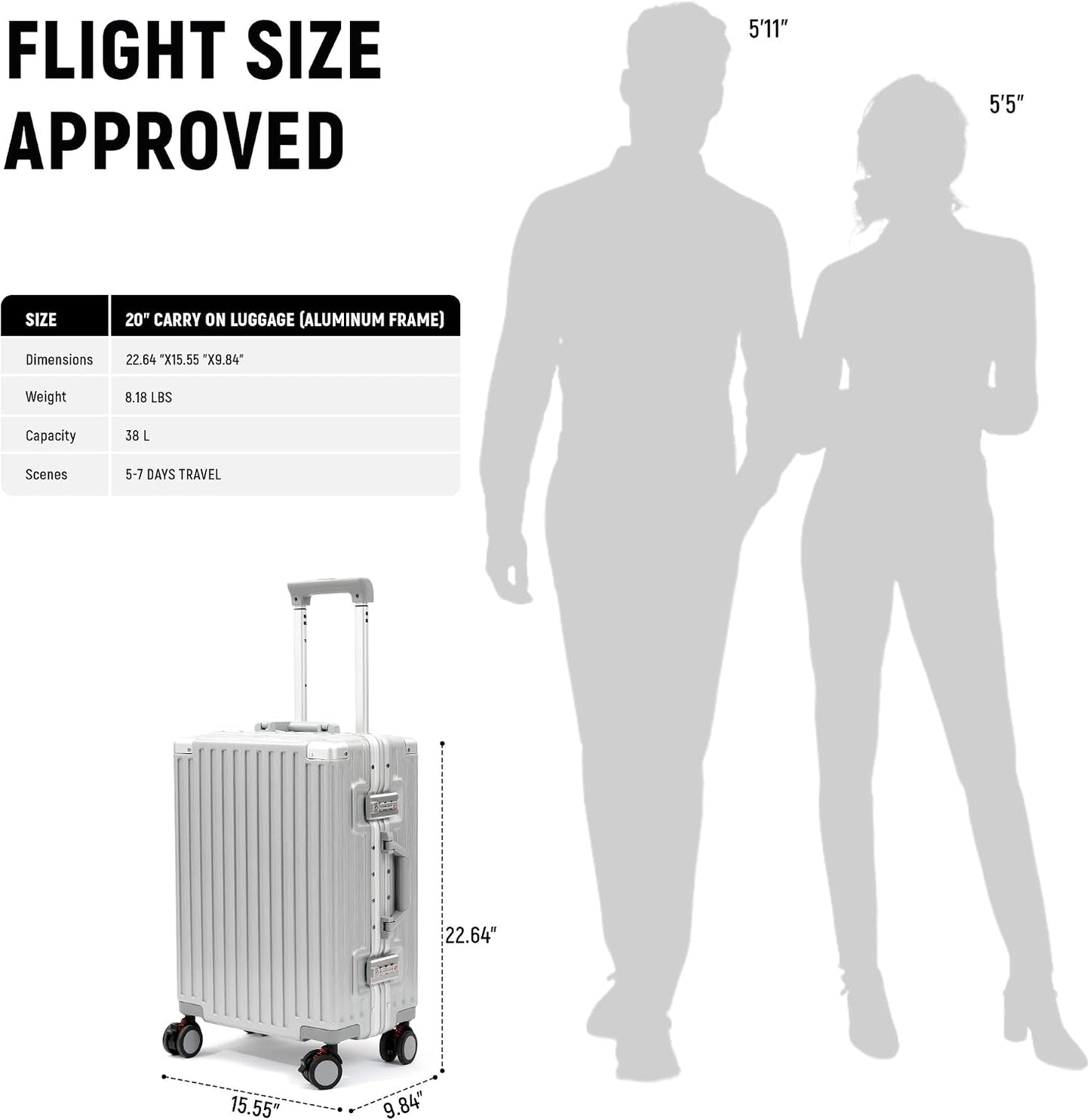20 Inch Carry on Luggage Aluminum Frame Airline Approved, Zipperless Luggage Carry on TSA Approved ABS+PC Hard Shell Suitcases, Lightweight Carry-On Suitcase with Cup Holder, Sliver