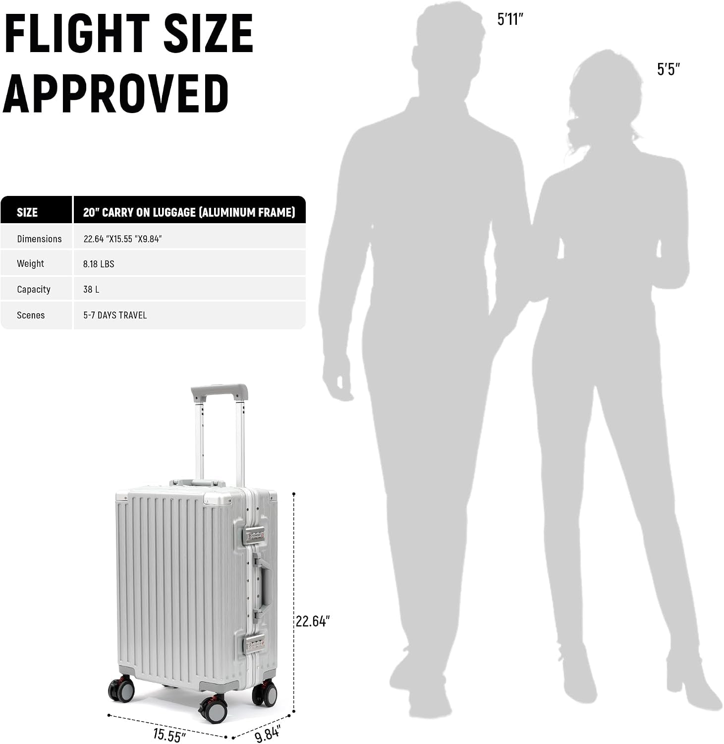 20 Inch Carry on Luggage Aluminum Frame Airline Approved, Zipperless Luggage Carry on TSA Approved ABS+PC Hard Shell Suitcases, Lightweight Carry-On Suitcase with Cup Holder, Sliver