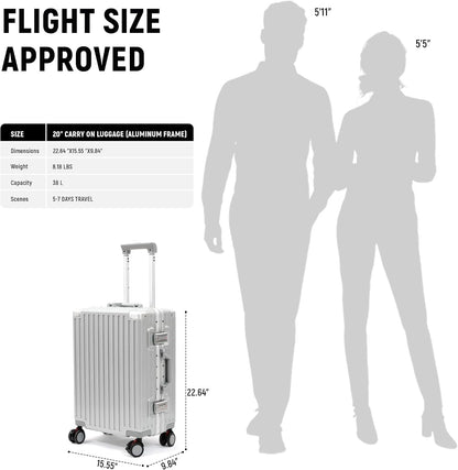 20 Inch Carry on Luggage Aluminum Frame Airline Approved, Zipperless Luggage Carry on TSA Approved ABS+PC Hard Shell Suitcases, Lightweight Carry-On Suitcase with Cup Holder, Sliver