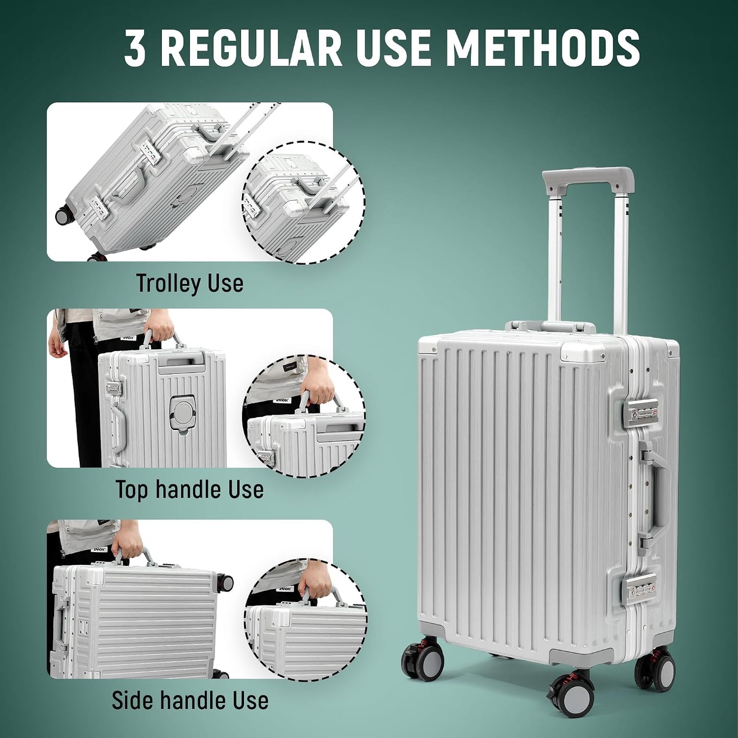 20 Inch Carry on Luggage Aluminum Frame Airline Approved, Zipperless Luggage Carry on TSA Approved ABS+PC Hard Shell Suitcases, Lightweight Carry-On Suitcase with Cup Holder, Sliver